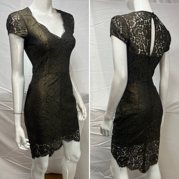 Bebe NWT $169 Women's 2 Gold Scallop Lace Metallic Sheath Cocktail Party Dress - Picture 6 of 11